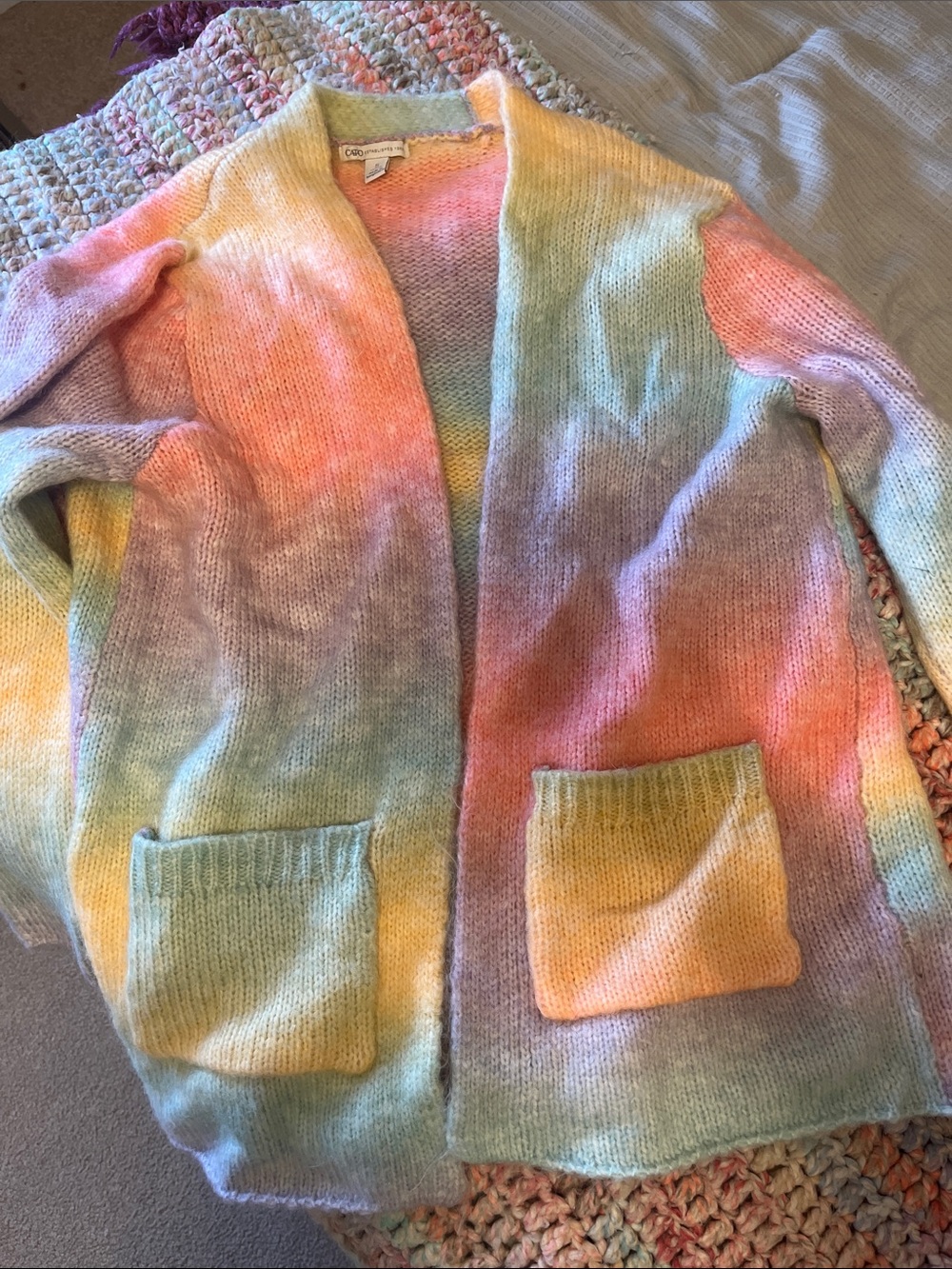 Cato Pastel Gradient Knit Cardigan in Pink, Peach, Yellow, Mint